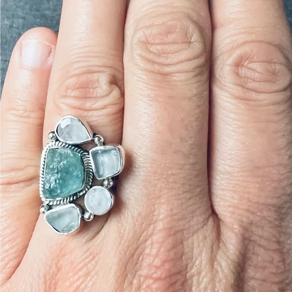 Artisan Crafted Natural Aquamarine and Moonstone Sterling Silver Ring - Picture 2 of 6